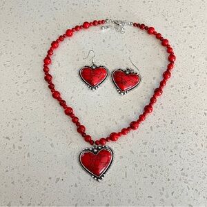 3 Pcs Fake red Turquoise Stone‎ Decor heart Pendant Necklace Earring Jewelry Set